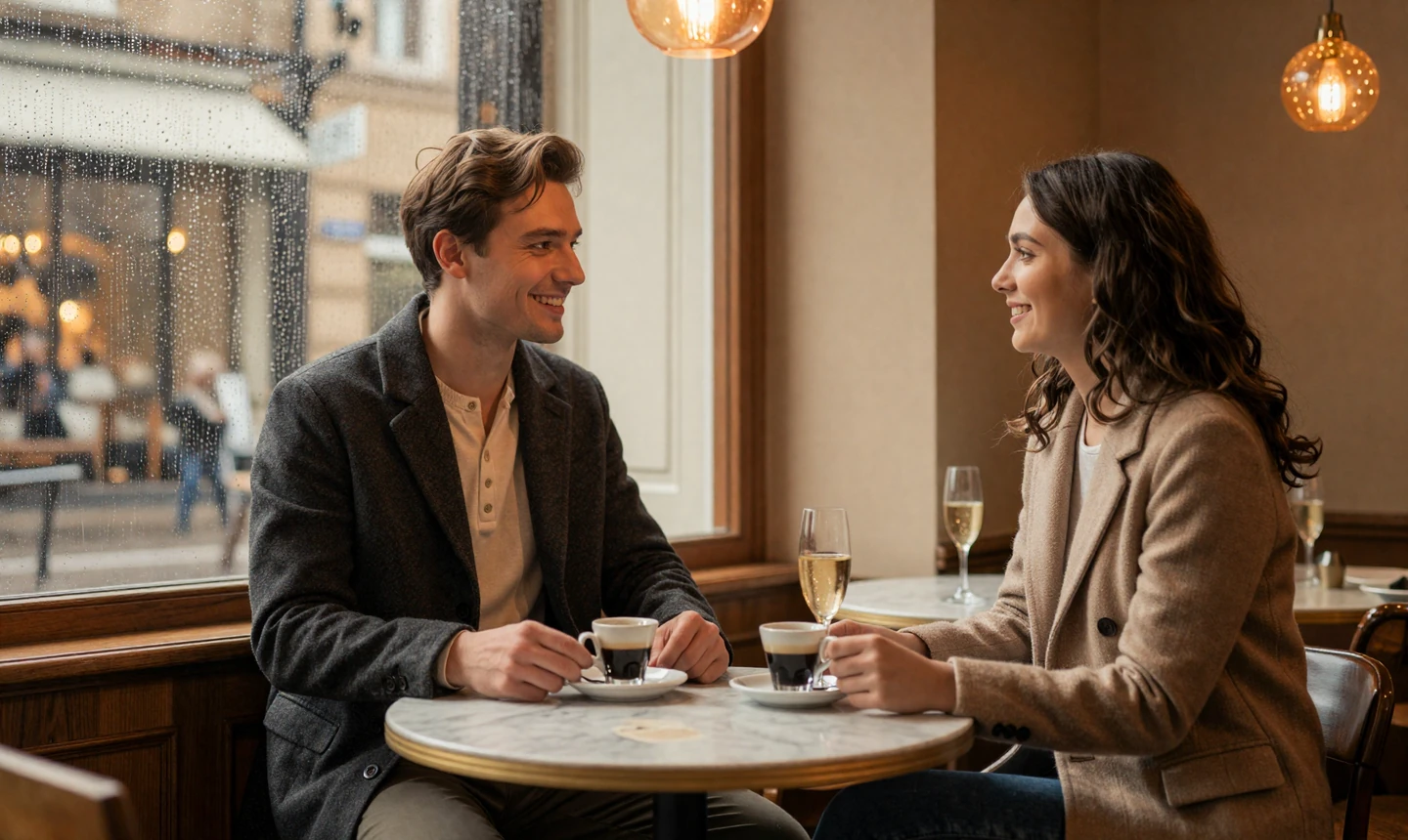 A man on a calm first date in a candlelit cafe, a quiet visual for the first date tips for men in this article