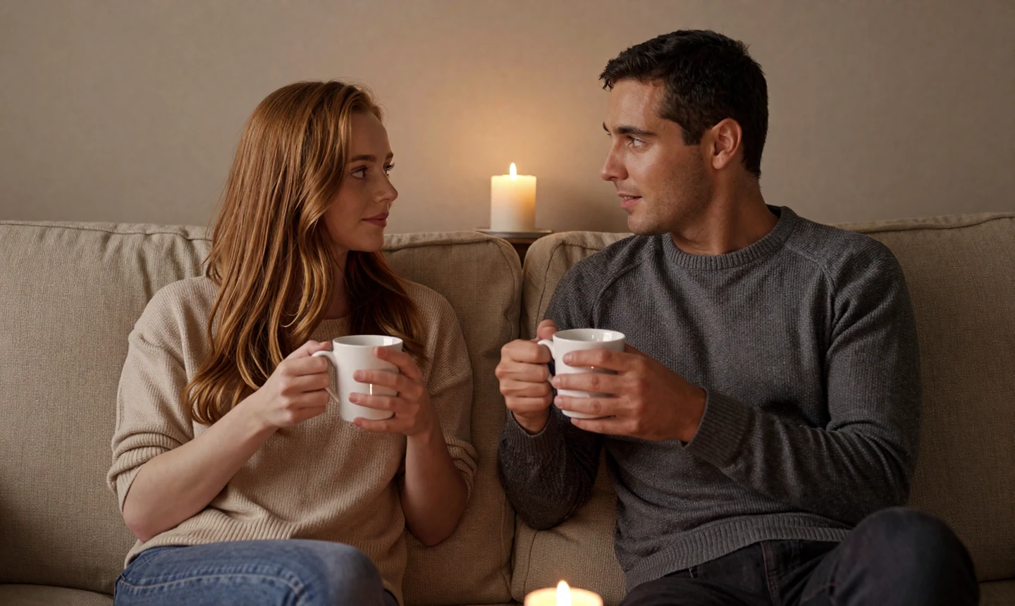 A couple talking quietly by candlelight on a linen sofa, practising the kind of open communication in relationships this guide describes