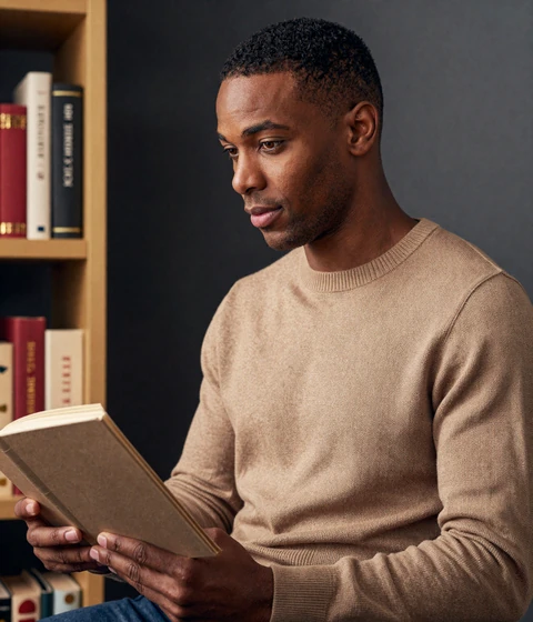 Marcus, a quiet confidence-first member of our private dating app community reading in candlelight