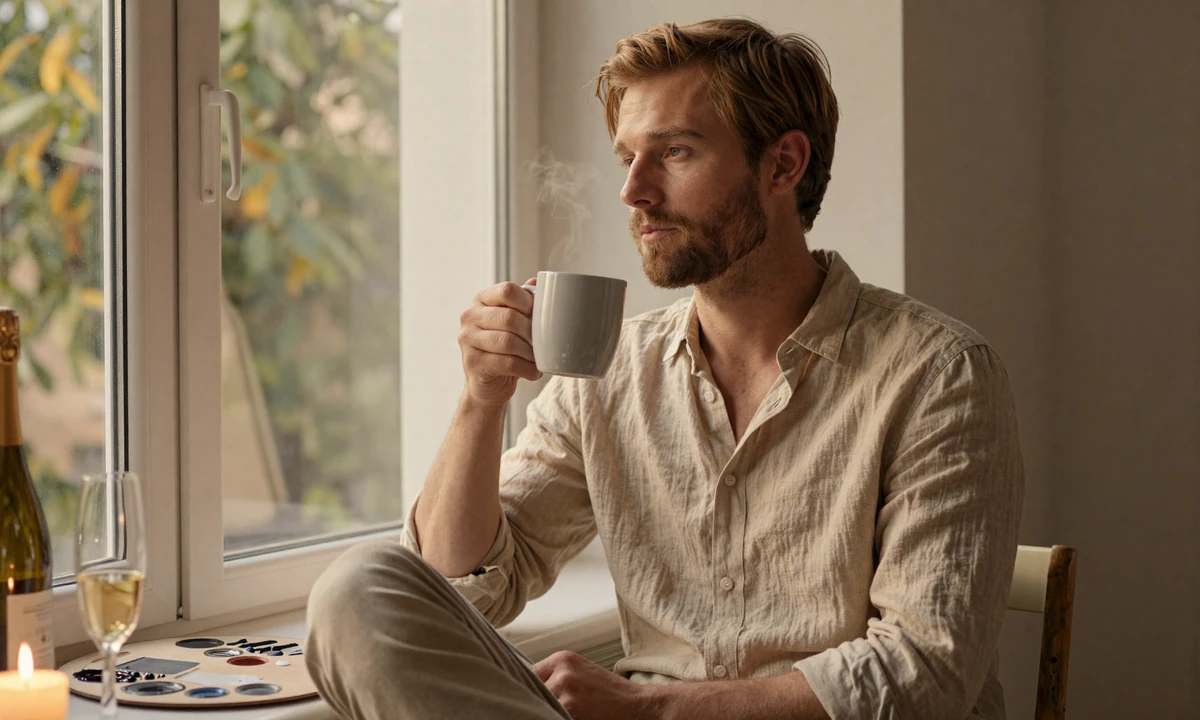 A man sitting quietly by a window at golden hour, practicing the daily reflection that underpins confidence building for men
