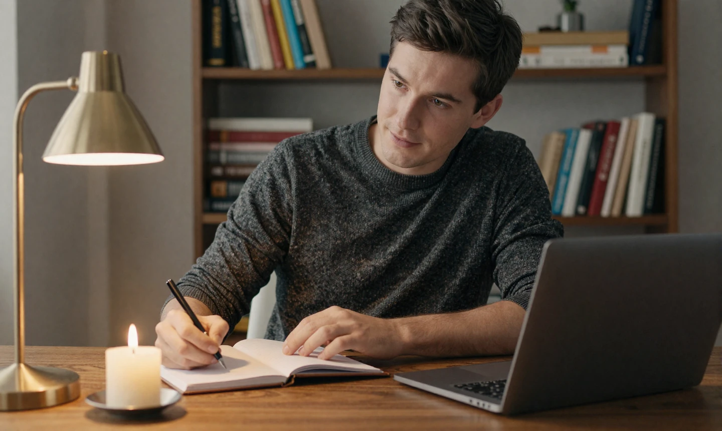 A man at a candlelit desk handwriting a dating profile in a notebook, capturing the slow, honest tone these dating profile tips for men recommend