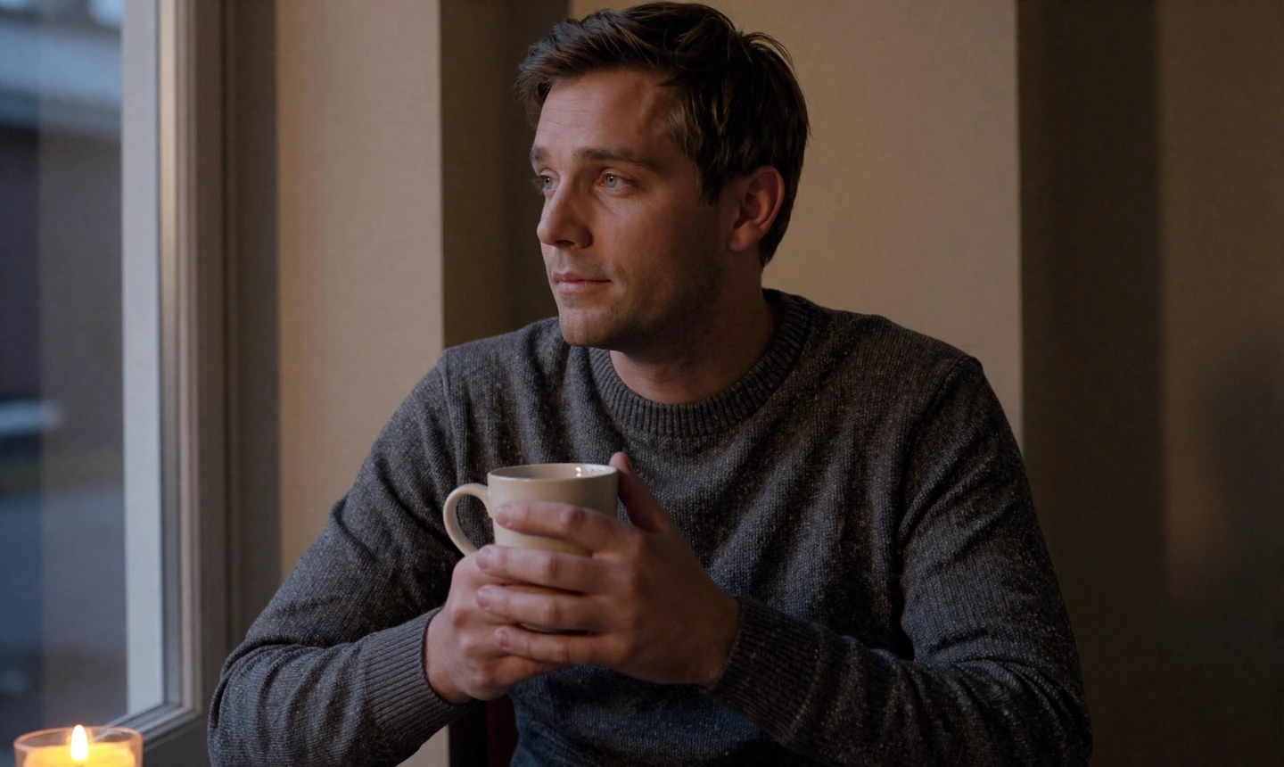 A man seated quietly by a window at dusk with a warm mug, representing the introspective tone of living with micropenis as a lived experience