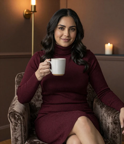 Ines, an allied partner and size-positive member of our inclusive dating app in a warm candlelit setting