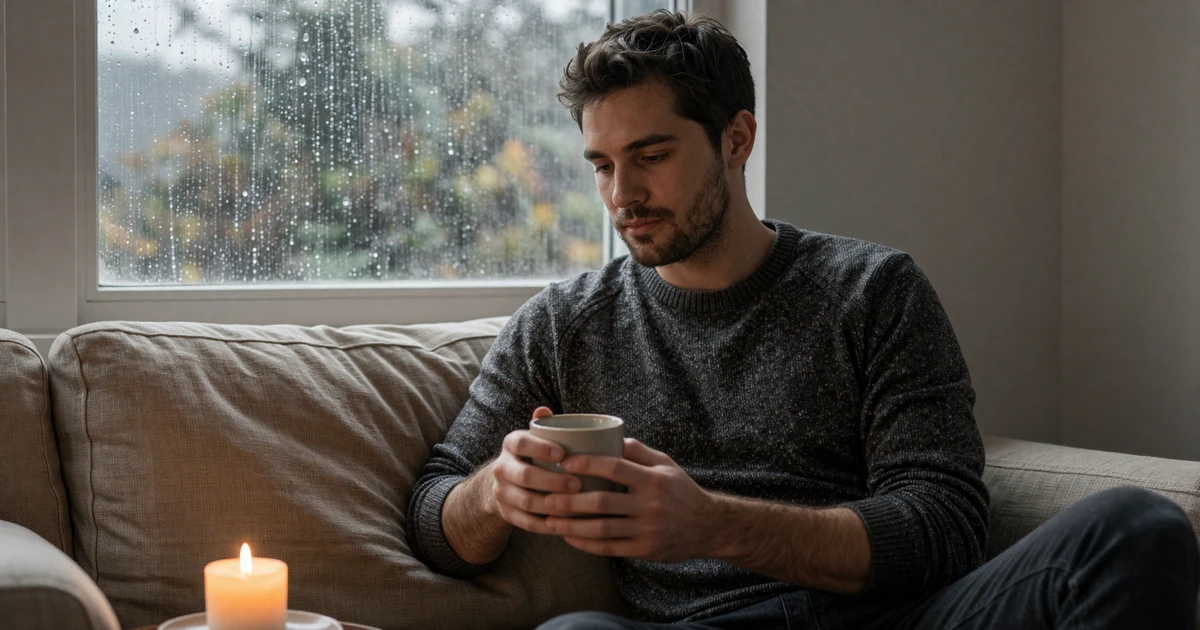 A man sits quietly by a rainy window with a warm mug, illustrating the contemplative early work of overcoming fear of intimacy after rejection
